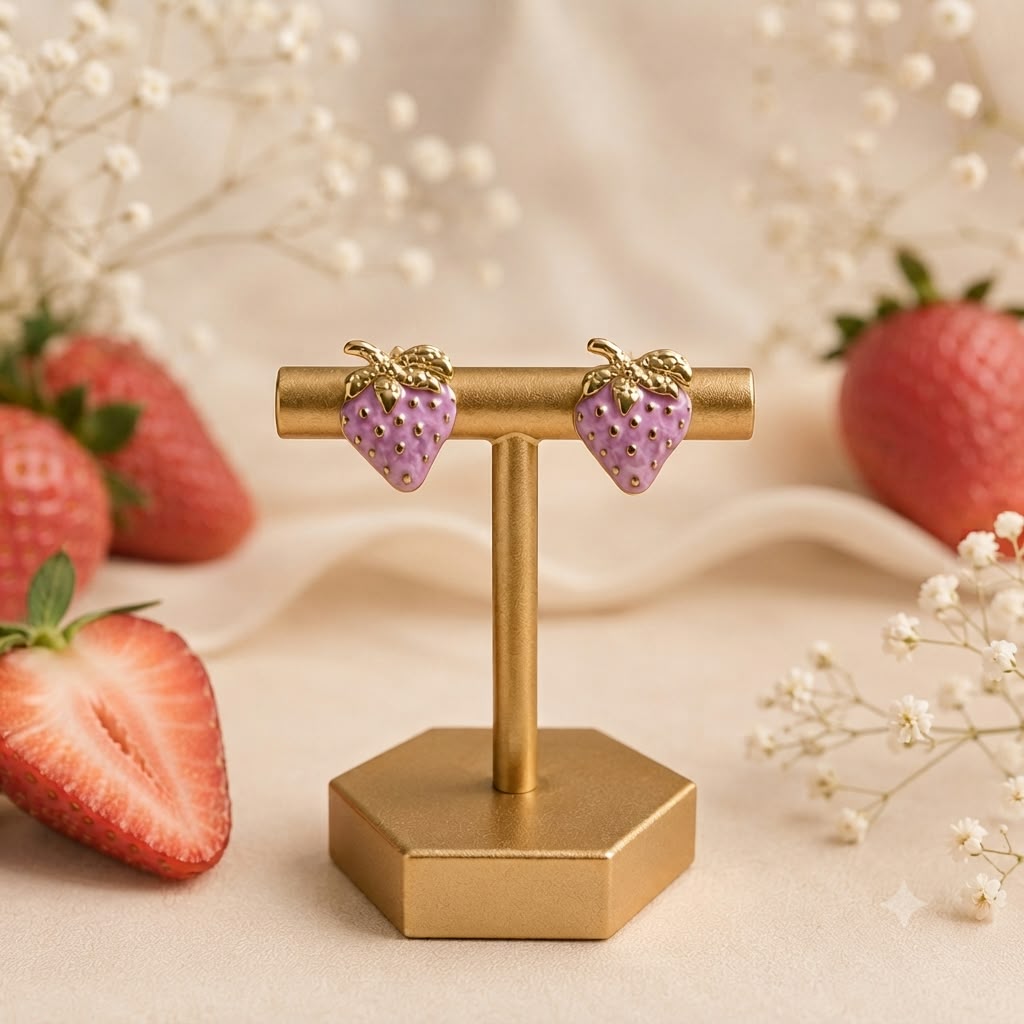 Aretes Fresa Dorada – Dulce Encanto