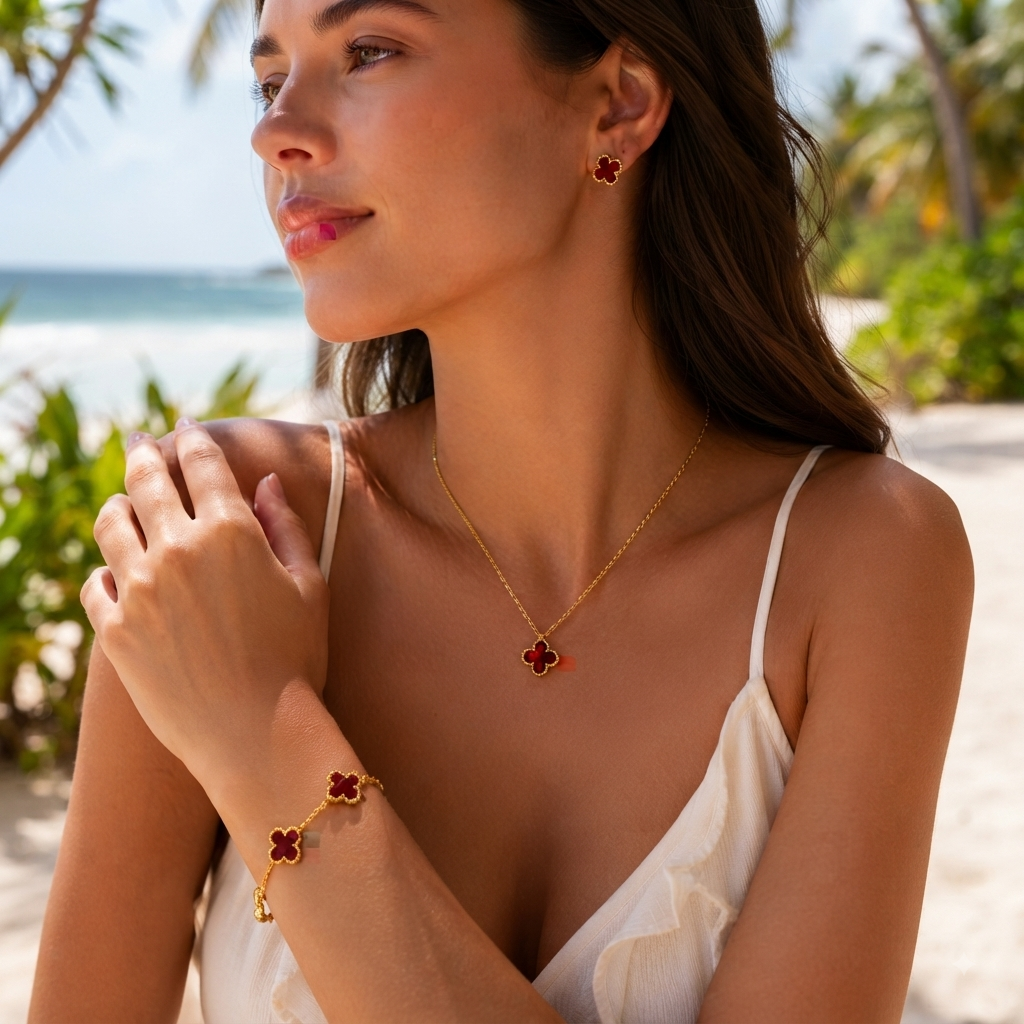 Conjunto Trébol Rojo Dorado – Collar, Aretes y Pulsera - TrendyLane
