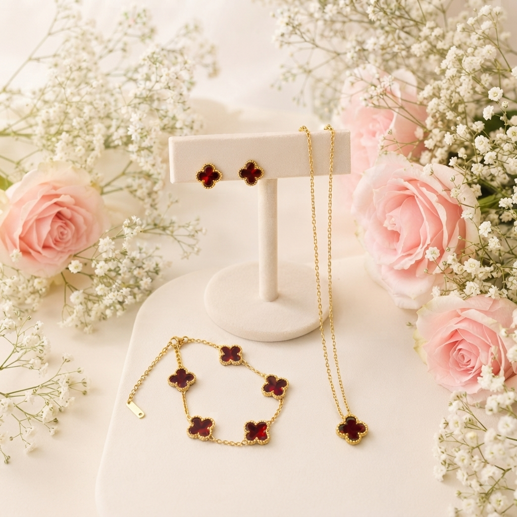 Conjunto Trébol Rojo Dorado – Collar, Aretes y Pulsera - TrendyLane