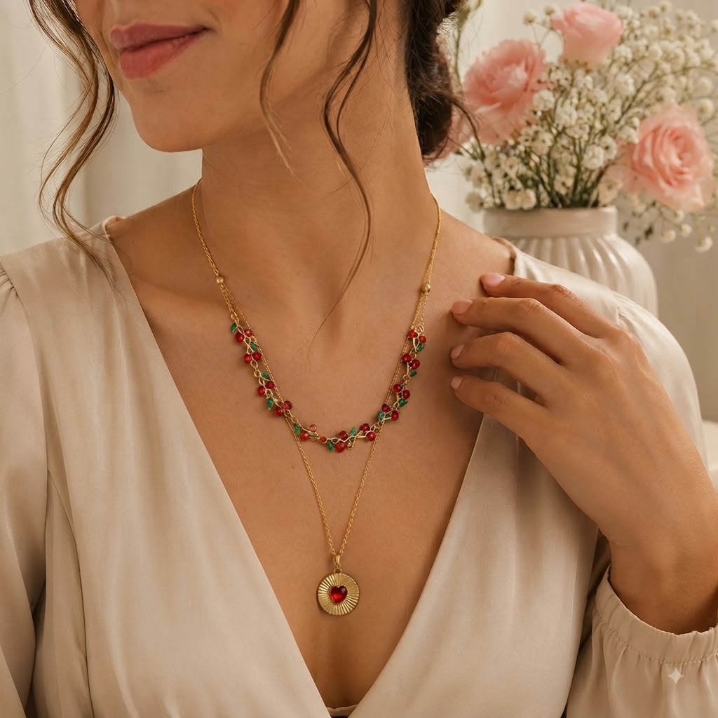 Collar Doble Corazón y Rosas - TrendyLane