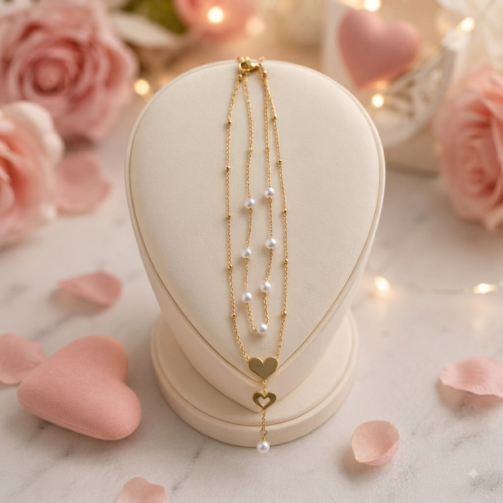 Collar Doble Corazón con Perlas – Amor Dorado