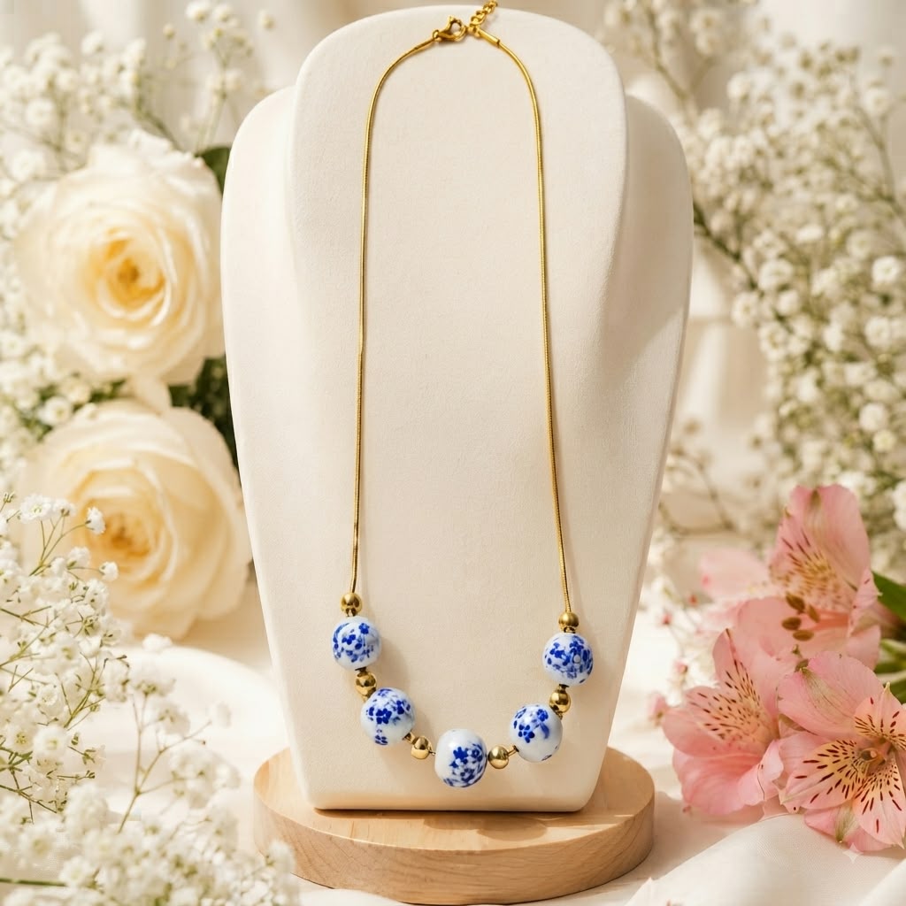Collar Porcelana Azul y Dorado - TrendyLane